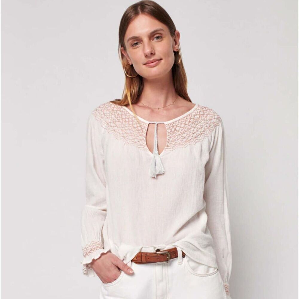 Faherty Laura Embroidered 100% Organic Cotton Top - Whisper White Size S